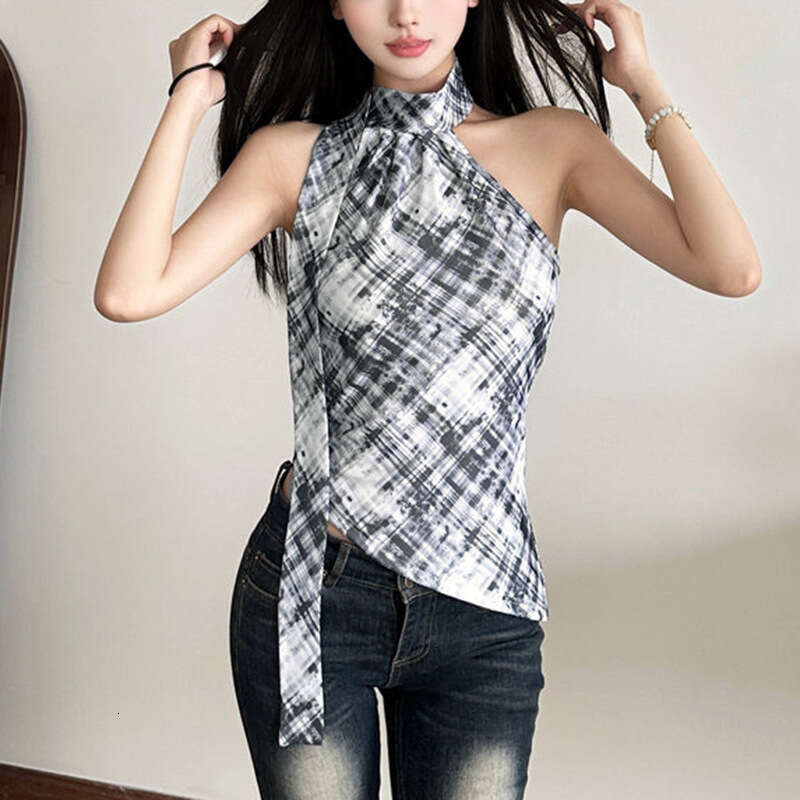 2025 Women's Spring Summer New Street Fashion Sexy Halter Neck Plaid Irregular Vest 115