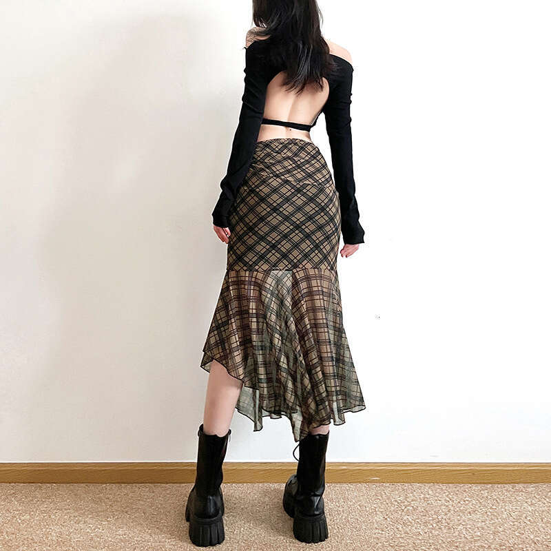 2024 Spring New Women's Solid Color Slim Fit Street Fashion High Waist Pencil Plaid Skirt 10f