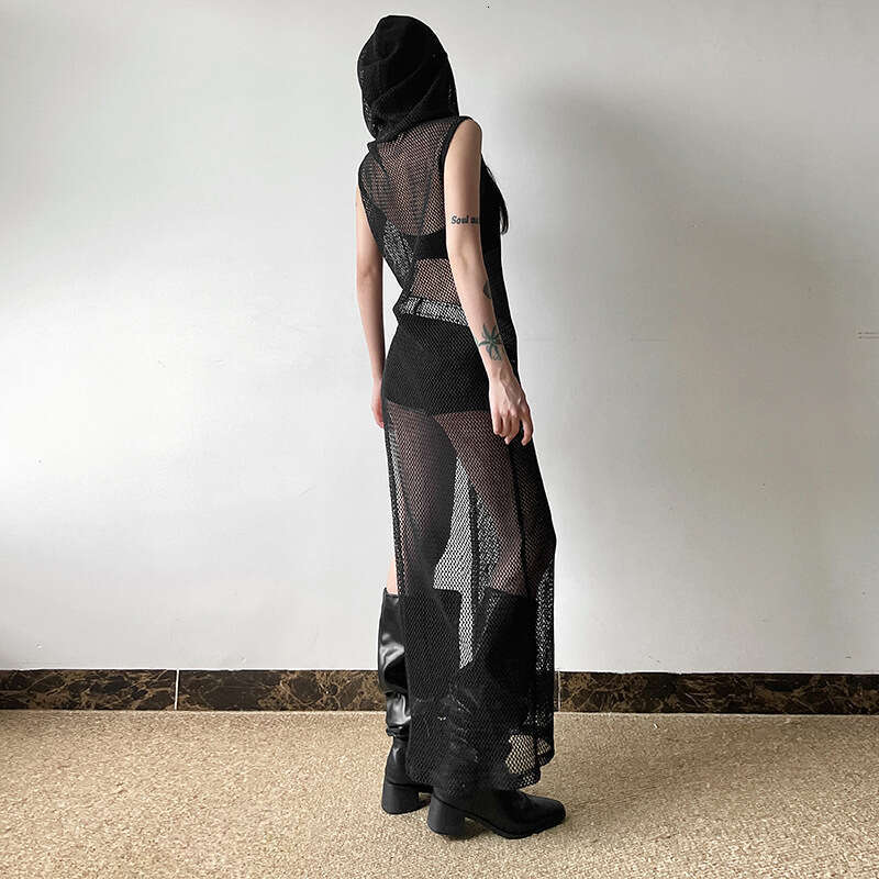 INS Style 2024 Autumn New Women's Solid Color Street Fashion Hooded Sleeveless Split Cover Dress d77