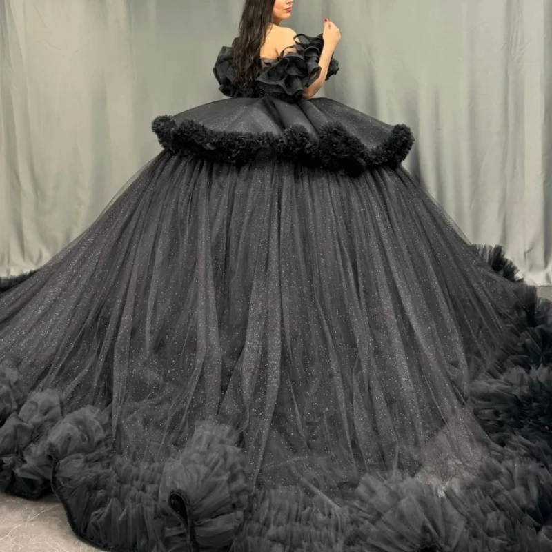 Black Quinceanera Dresses Off Shoulder Ball Gown Sweet 16 Dress Beading Tiered Tull Birthday Party Vestidos 15 De Anos