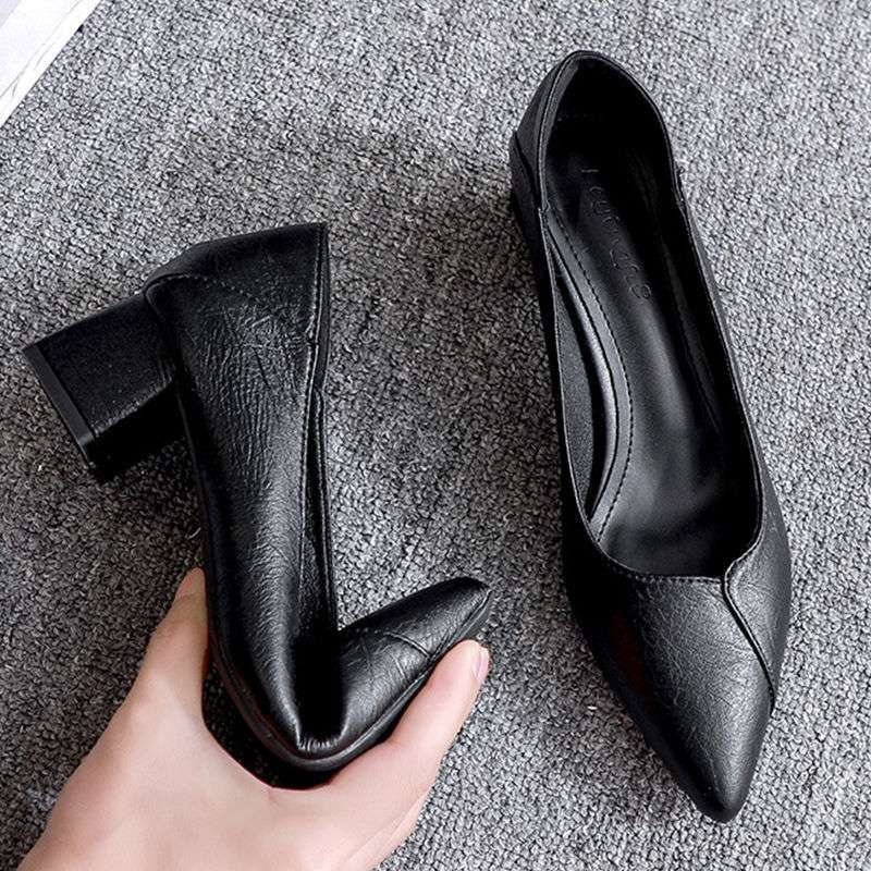 Chunky Single Women, Mid Soft Leather 2025 New Versatile Low Heel Black Professional Work Summer Shoes for Women ddmythur