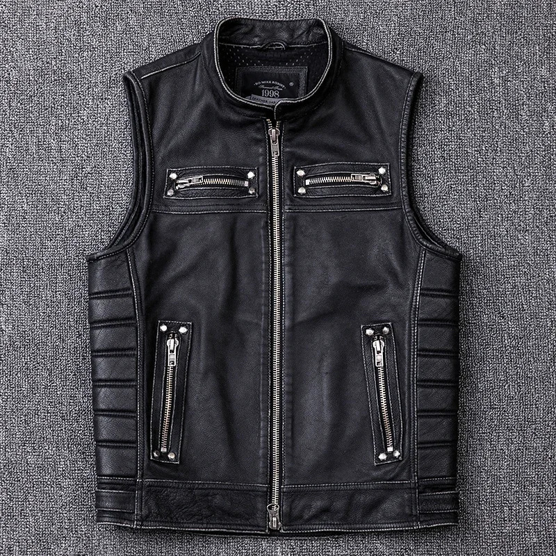 2025 Genuine Cowhide Leather Vest Mens Motorcycle Biker Vests High Quality Stand Collar Sleeveless Jackets Zipper Waistcoat 250725
