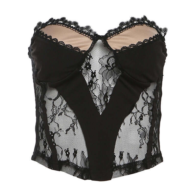 2025 Summer New Lace Patchwork Mesh Sleeveless Backless Elegant Slim Fit Tube Versatile Top a03