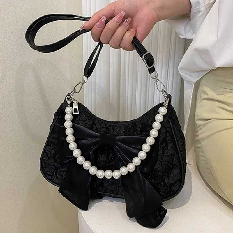 White Pleated Pearl Fem Bag Vintage Luxury Designer Handbag Cute Bow Shoulder Bag Fi Y2K Vintage Womens Purse Versatile Y250725