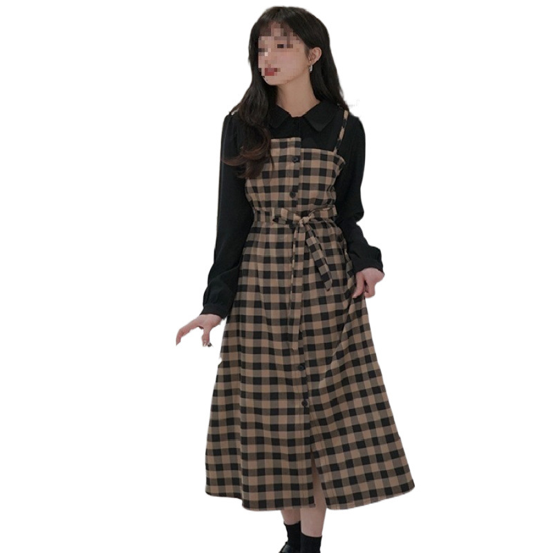DR150 French style age-reducing belly-covering retro square-neck over-the-knee long skirt