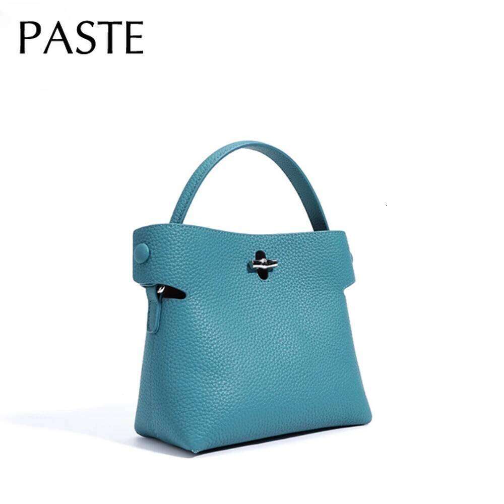 New Summer Blue Color High-end Small Bucket Tote Buckle Close Design Genuine Cow Leather Women Shoulder Bag Handbag