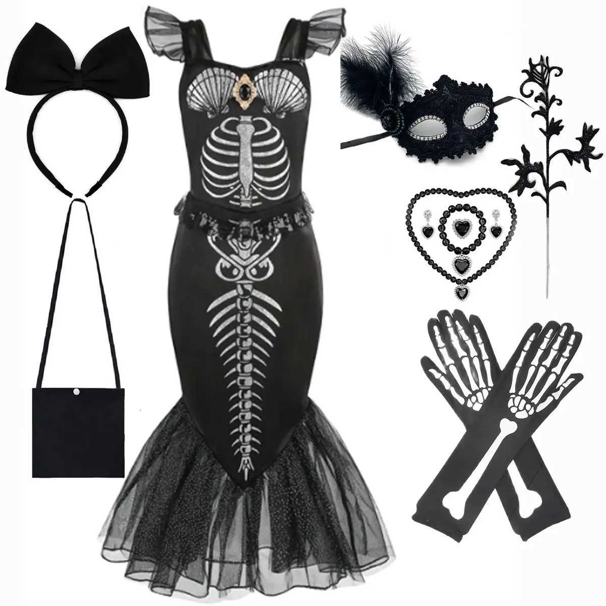 New Skeleton Little Mermaid Halloween Horror Costume Ariel Princess Costume Kids Birthday Par Prom Dress For Girls Z250725
