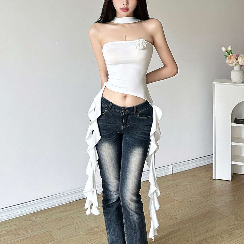 2024 Summer New Women's Fashion Solid Color Sexy Halter Neck Crop Top Strapless Bustier 84a
