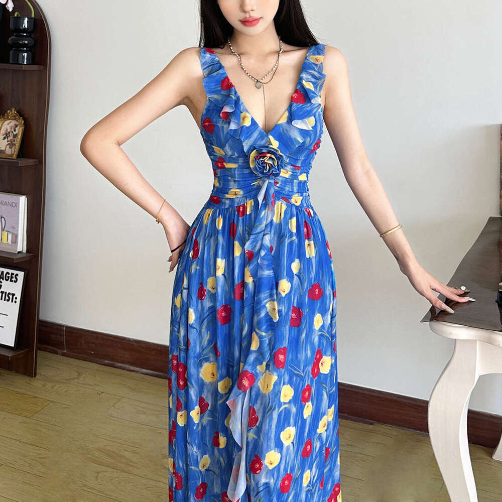 2025 Summer New French Style Waist-Cinching V-Neck Slim Fit Three-Dimensional Floral Sleeveless Versatile Long Dress 7d5