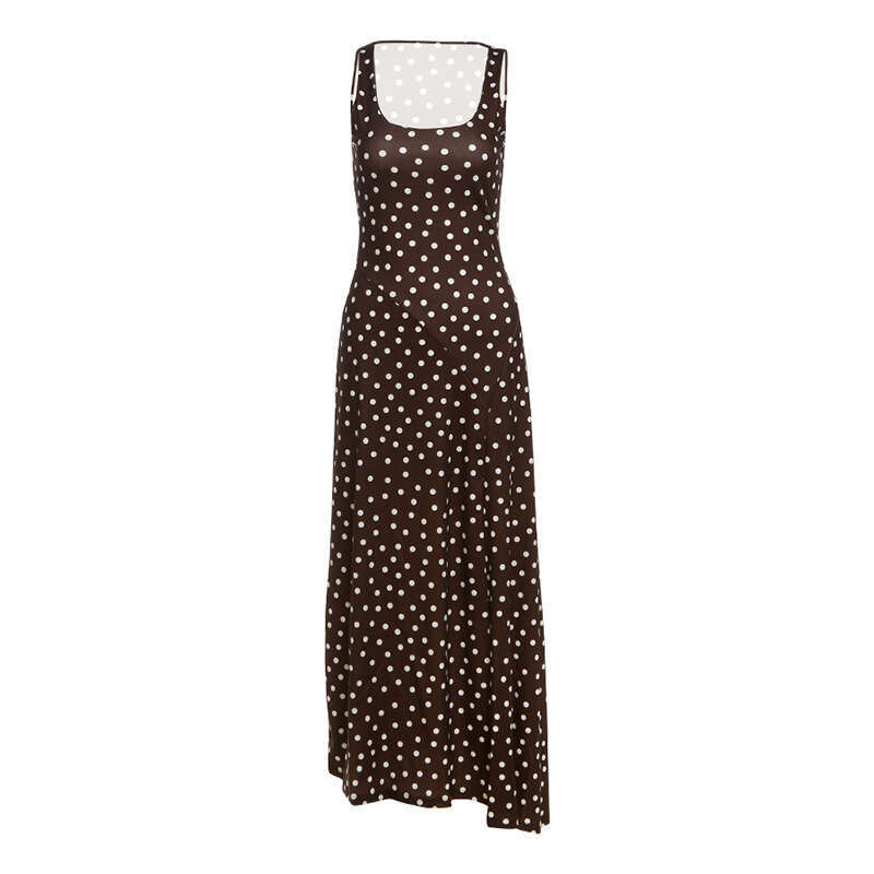 2025 Summer New Vacation Style Polka Dot Slim Fit Elegant Strap V-Neck Long Dress f81