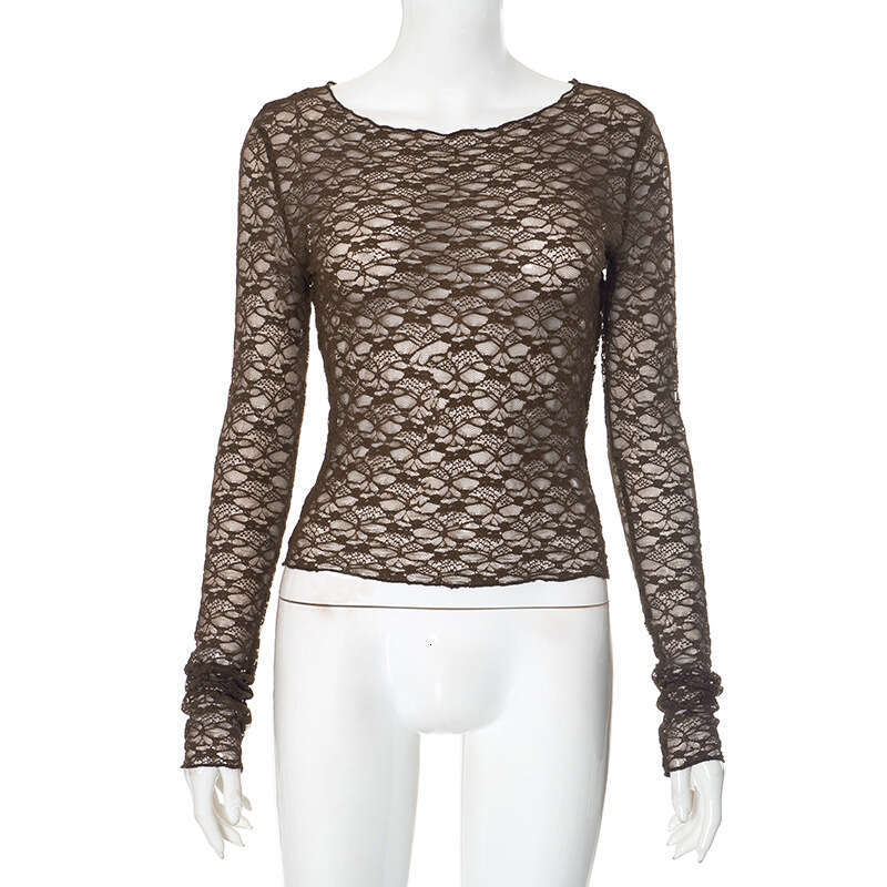 Dtp602 Women's Autumn New Solid Color Round Neck Simple Sexy Lace Long Sleeve Top B5