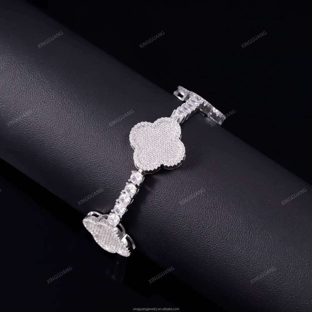 Iced Out Cuban Sterling Sier VVS Moissanite Dia Four Leaf Clover Bracelet 3mm 4mm Tennis Chain