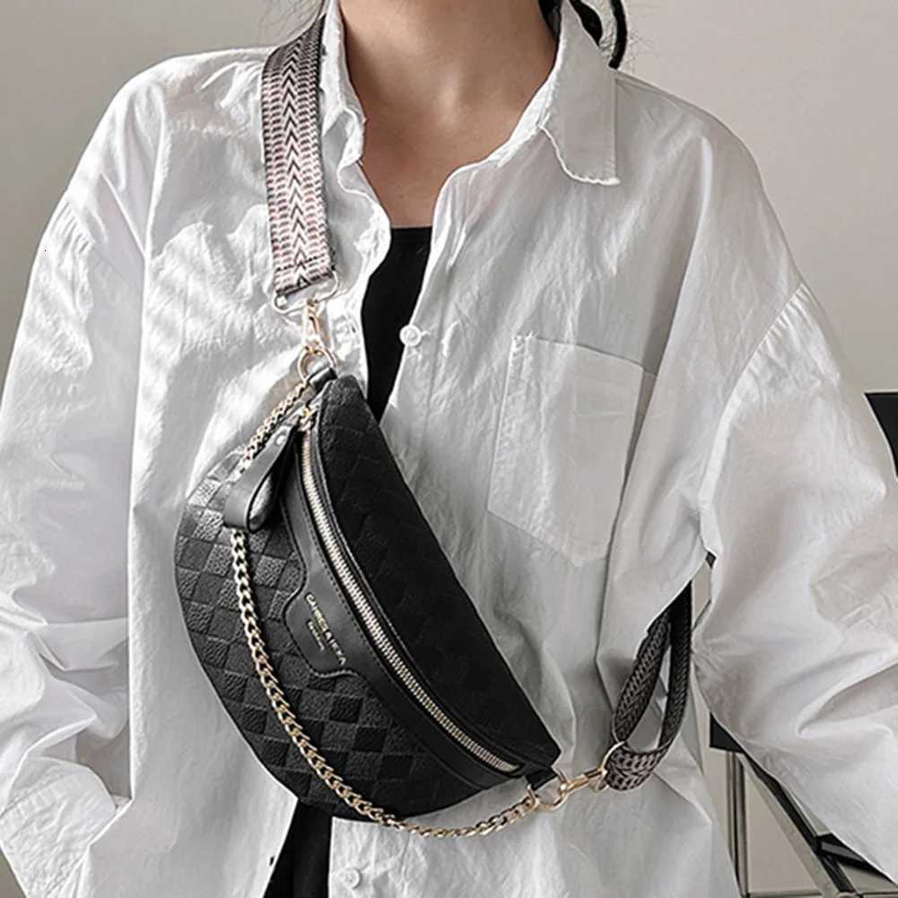 PU Leather Waist Bag for Women Rhbic Latt Fi Street Fanny Pack with Chain Wide Strap Classic Ladies Waist Bag Banana Bag Y250724