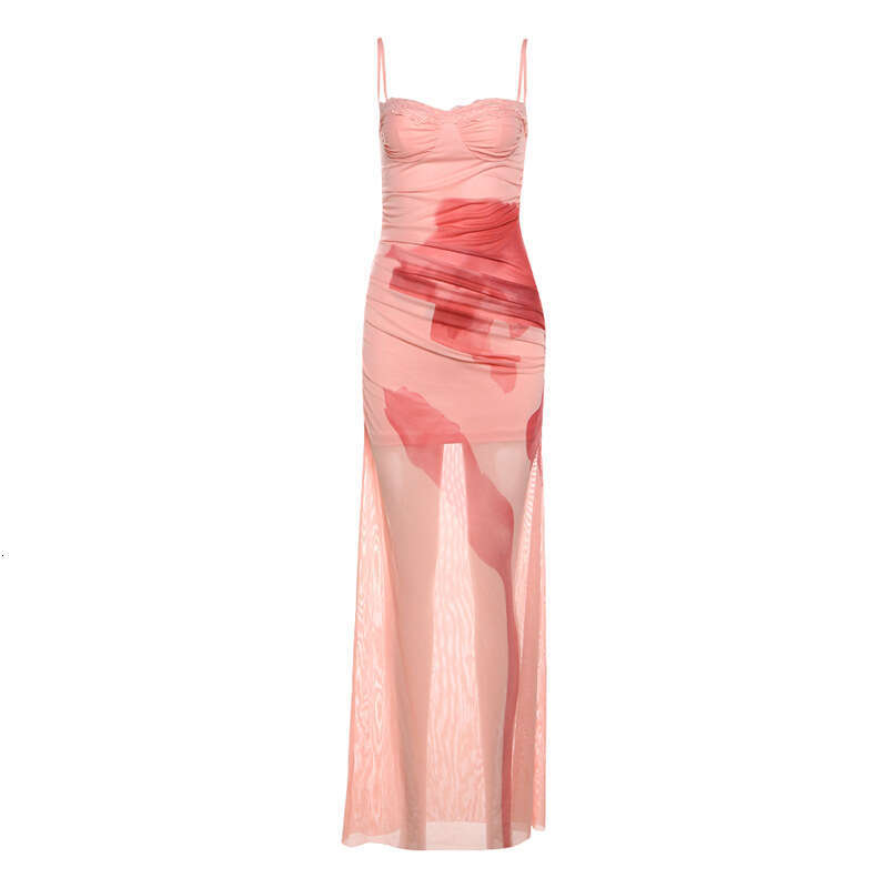 2025 Summer New Street Fashion Printed Sexy Strap and High Waist Bodycon Long Dress for Women 3a2