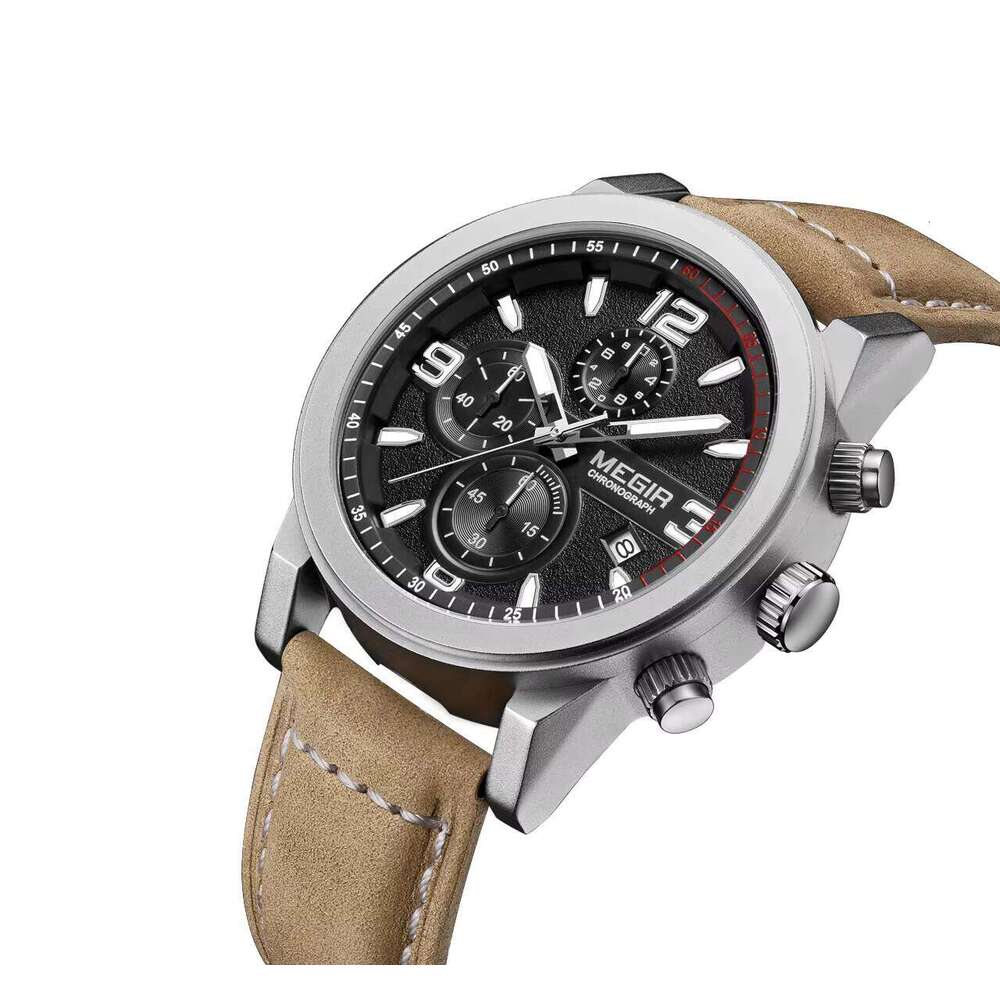 DHwatches MEGIR Men's Sports Chronograph Watch - 50M Waterproof, Luminous, Leather Strap, Quartz Wristwatch for Active Men