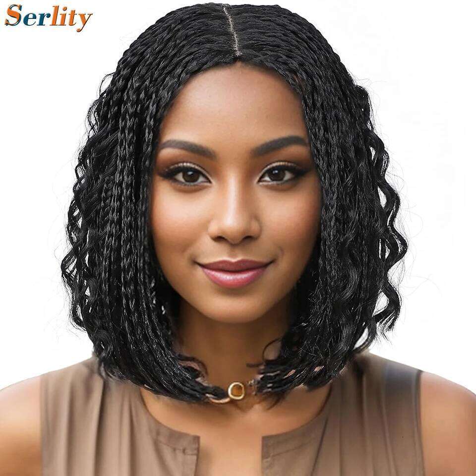New Style Human Hair Bob Braided For Women 12Inches Synthetic Box Braids Crochet Hair Wigs On Sale Clearance Short Black Wig