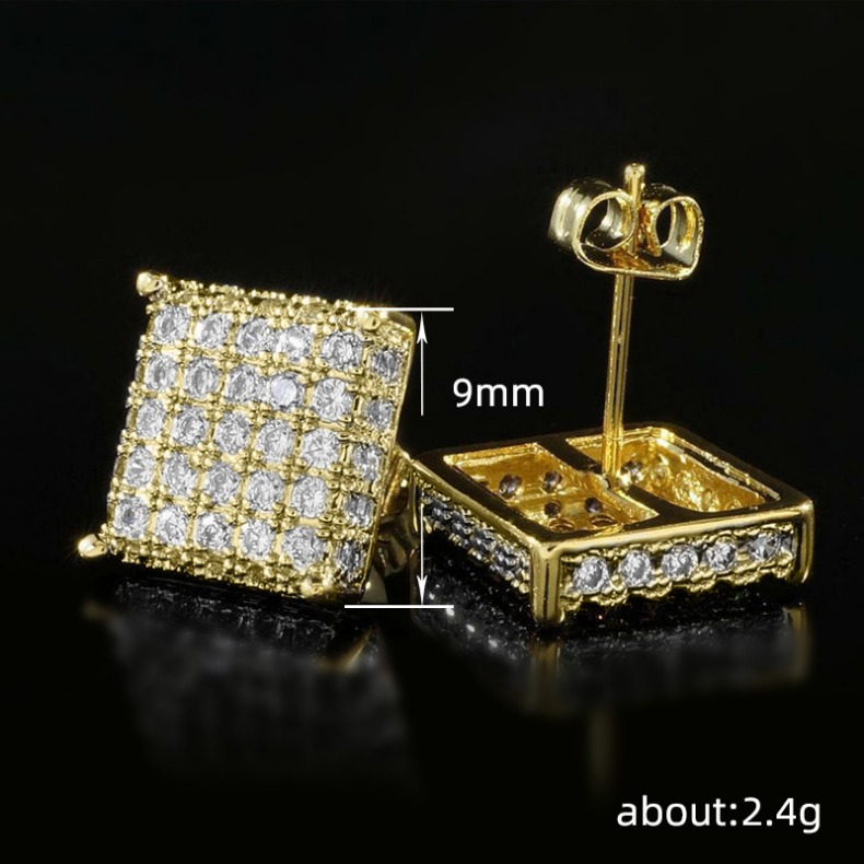 Square Zircon Micro Stud Earrings Designer Jewelry Charm Gold Full Diamond Earring Rings for Woman Man Hiphop Fine Jewelry Wedding Birthday Mother Gif