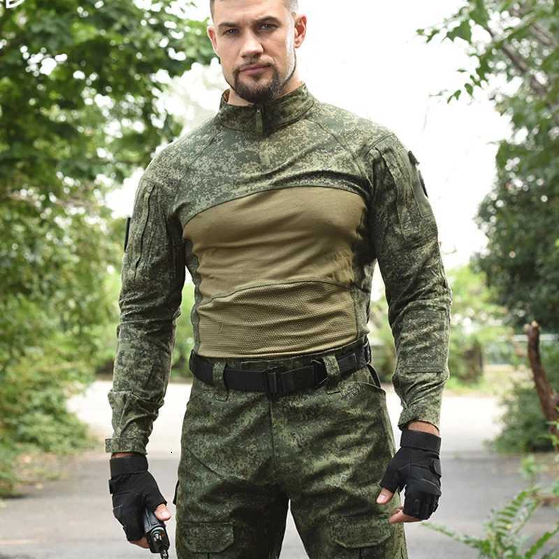 Mens Summer Breathable Long Sleeve T-shirts Outdoor Stand Collar Sports Tactical Camouflage Shirts Quick Dry Frog Slim Fit Tops Y250724