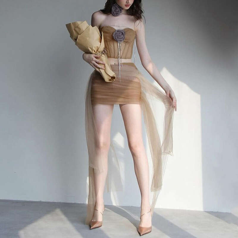 2024 Summer New Sexy Strapless Crop Top High Waist Bodycon Mesh Short Skirt 938