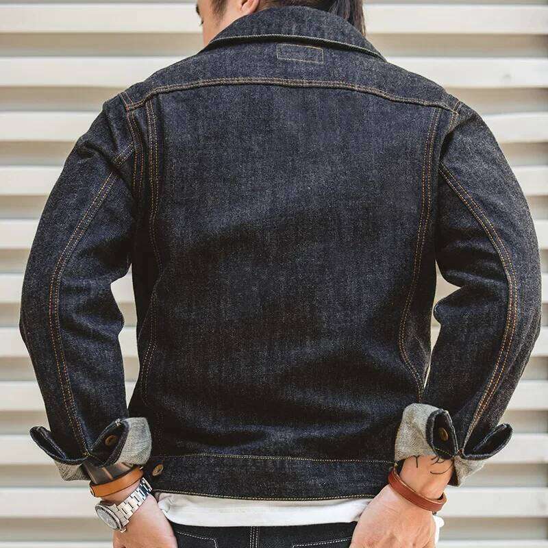 Maden Classic 14.8Oz Type III For Men Slim-Fit Denim Jacket Exposed Seam Patch Pocket Design Vintage Washed Dark Blue