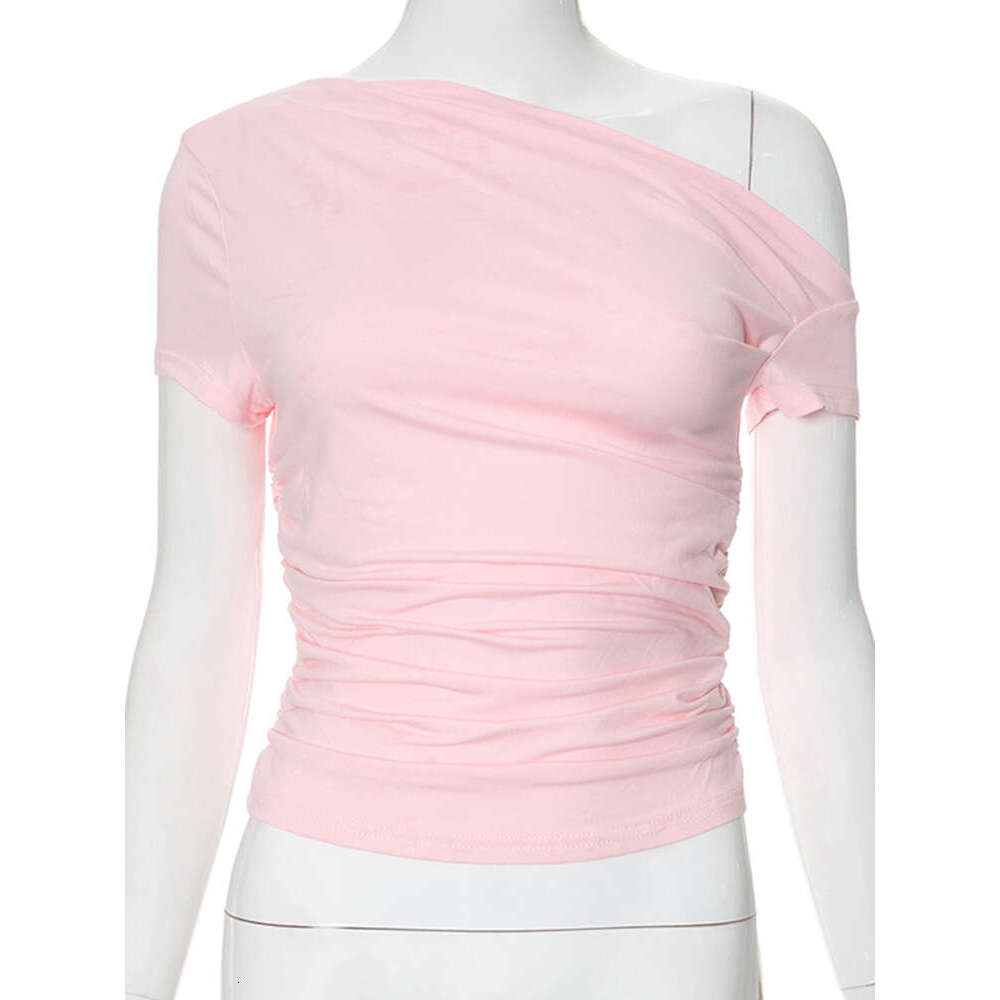 Y23tp747 Women's Spring New Solid Color Off-Shoulder Short Sleeve Ruched Crop Top T-Shirt B5