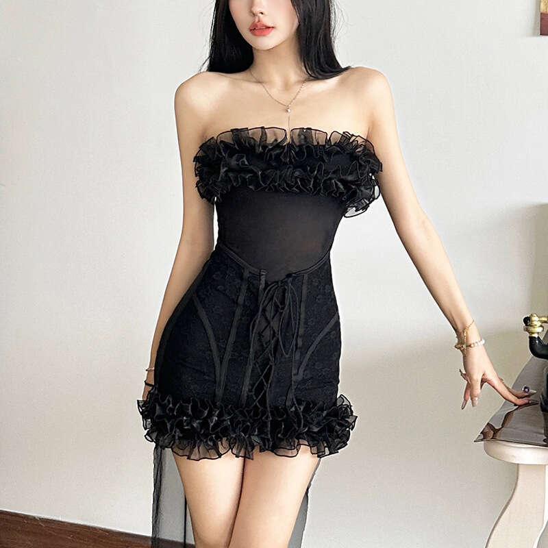 2024 Autumn Winter New Women's Solid Color Slim High Waist Fashion Off-Shoulder Tube Dress 2f7