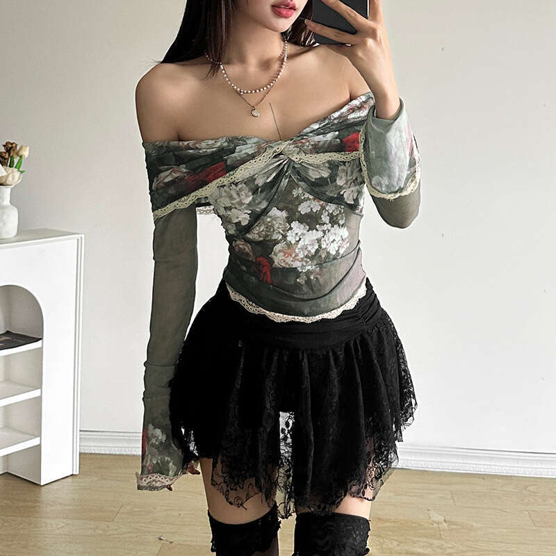 2024 Autumn New Women's Solid Color Slim Fit Fashion Off-Shoulder Long Sleeve Backless Sheer Top af4