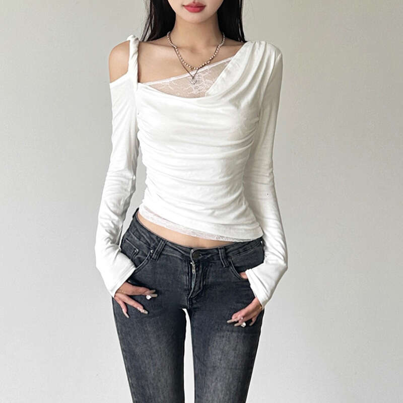 2024 Autumn New Women's Solid Color Slim Street Fashion Asymmetrical Neck Long Sleeve Ruched Top 06c