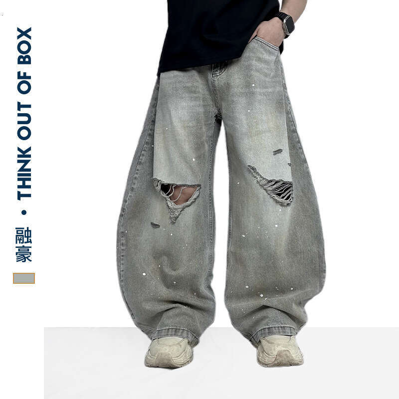 Summer New High Street Ink Splash Dye Distressed Scimitar Jeans Long Unique Design Unisex Wide Leg Casual Pants
