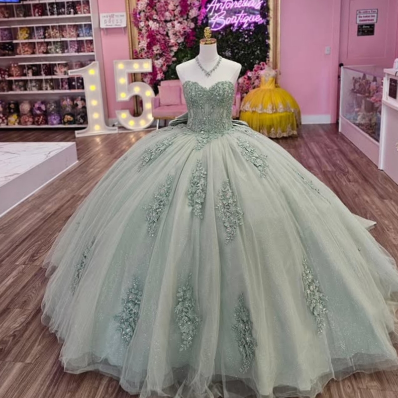 Mint Green Quinceanera Dresses Ball Gown Off The Shoulder Applique Lace Beads Bow Tull Party Birthday Sweet 16 Dress Vestidos 15 Anos