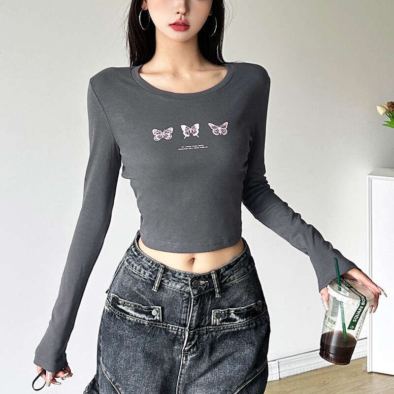2024 Autumn New Women's Solid Color Slim Fit Crop Fashion Round Neck Printed Long Sleeve Top 876