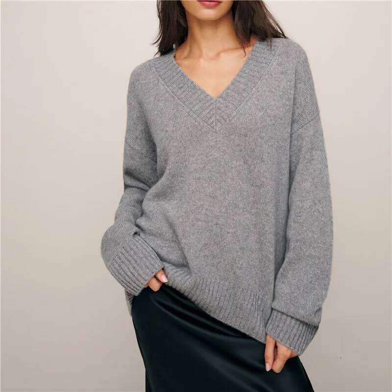 100% Pure Wool Sweater Autumn/Winter New Casual Solid Color Knitted Tops V-Neck Women's Loose Pullover Base Blouse MDNG