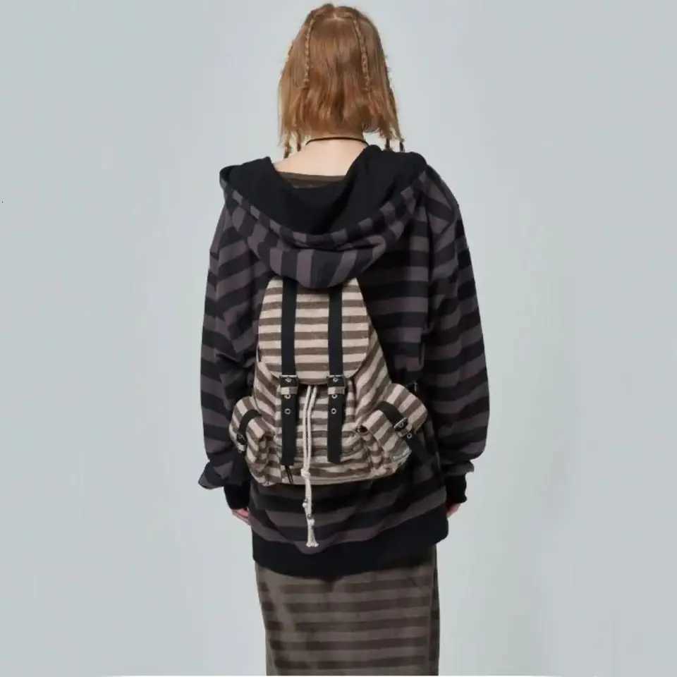 High Quality Korean Style Backpacks Drawstring Design Large Capacity Casual Bookbags Soft Flat Stripe Tote Bags Y250724