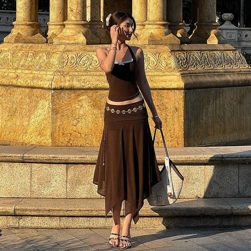 2025 Summer New Fashion Halter Neck Sleeveless Top High Waist Bodycon Skirt Set 6e8