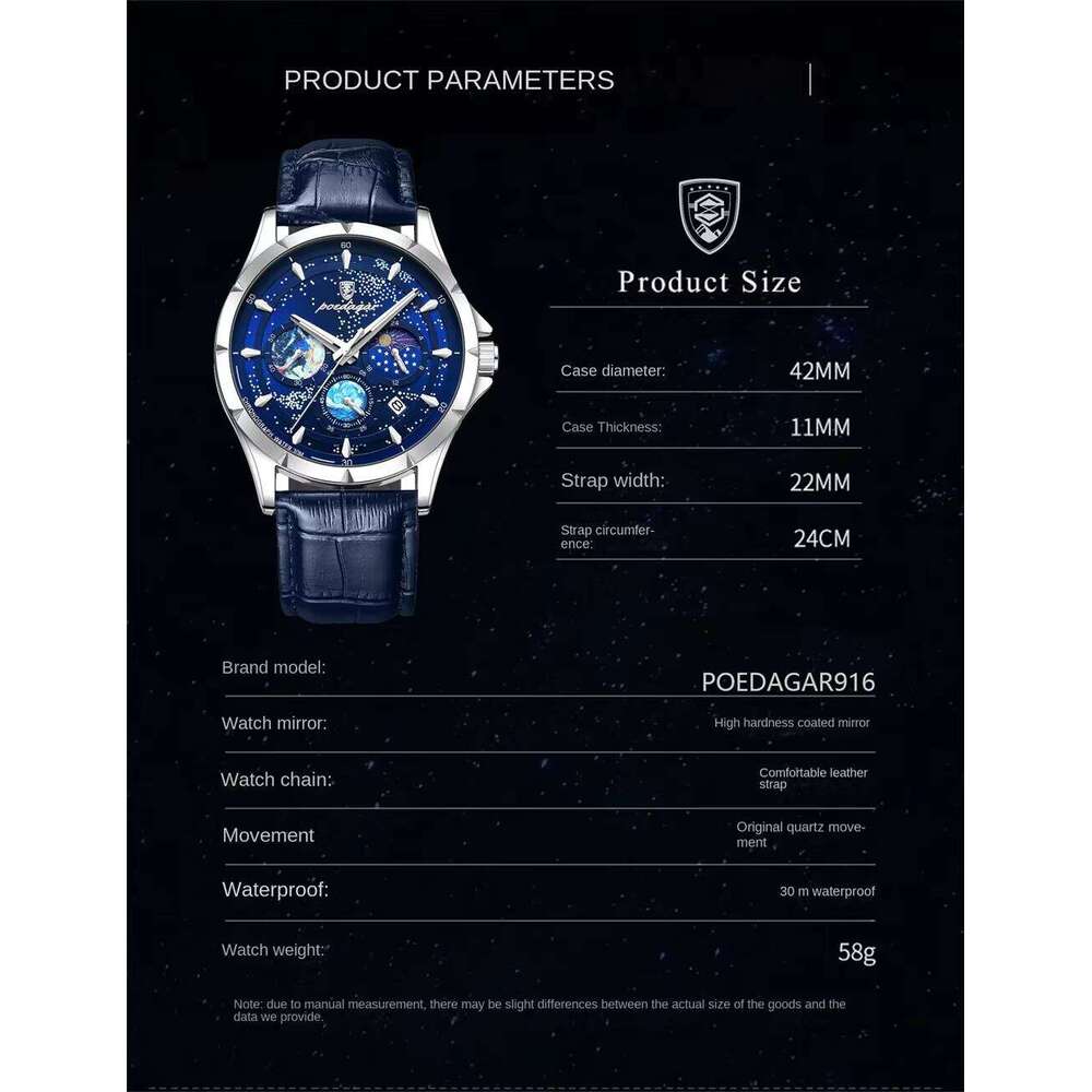 DHwatches POEDAGAR Leather Strap Business Style Starry Sky Chronograph Quartz Watch Men Waterproof Luminous Date Men's Wristwatches