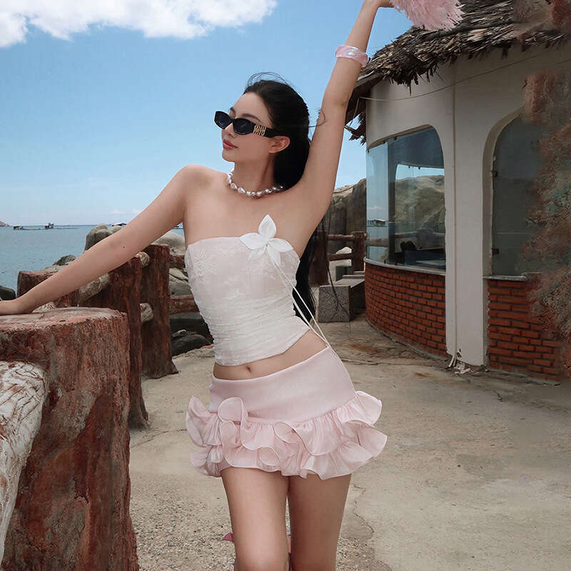 2025 Summer New Sexy Slim Fit Sleeveless Backless Tube Top Versatile Vest Lace Short Skirt 71a