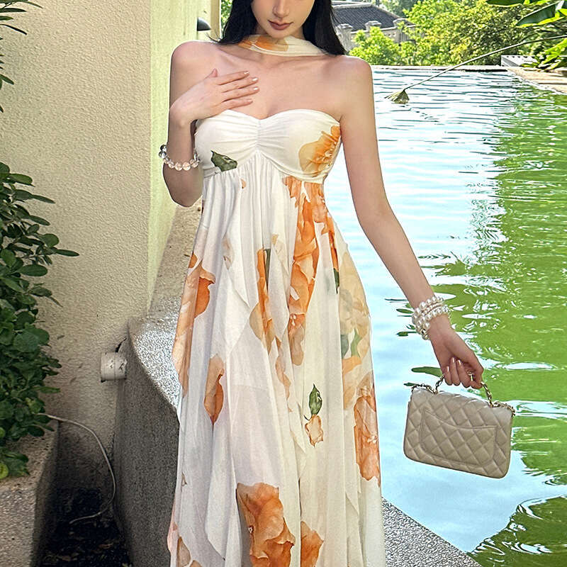 2025 Summer New Style Halter Neck Slim Fit Elegant Asymmetric Backless Tube Dress for Women 76f