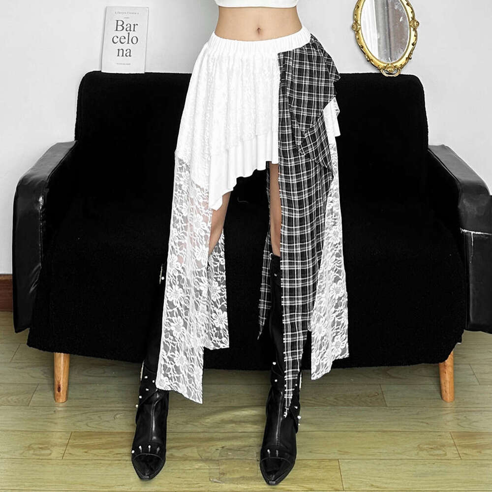2025 Summer New Irregular Solid Color Patchwork Plaid Lace Slim Fit Trendy Versatile Midi Skirt 4f6