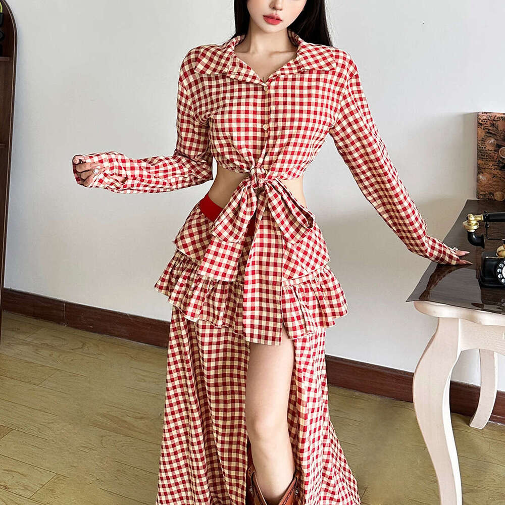 2025 Summer New Sleeve Waist-Exposing Fashion Trendy Top Irregular High-Slit Plaid Long Skirt abd