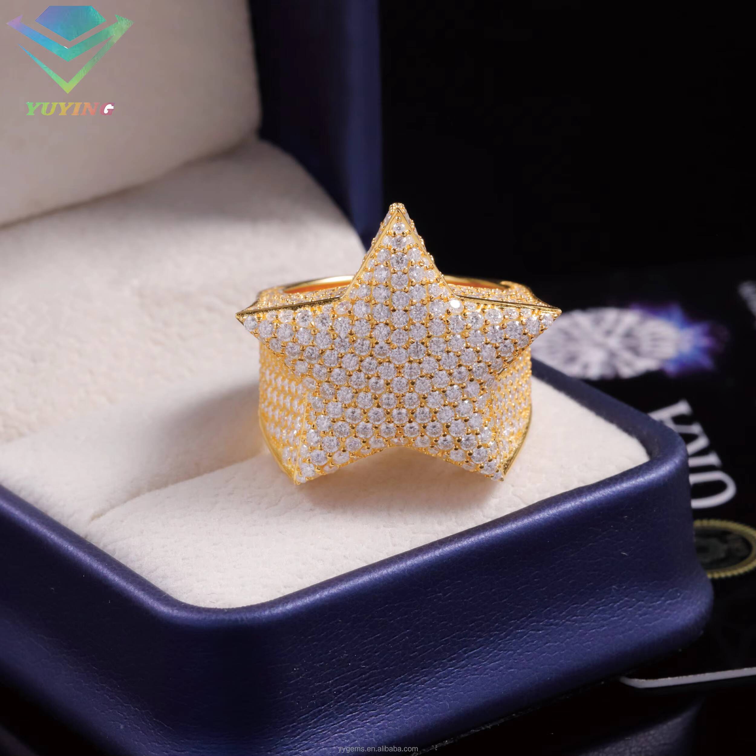 Fashion Hip Hop Lucky Star Fine Jewelry Full Iced Out Gold Plated 925 Sterling Silver VVS Moissanite Diamond Star Ring Men Women