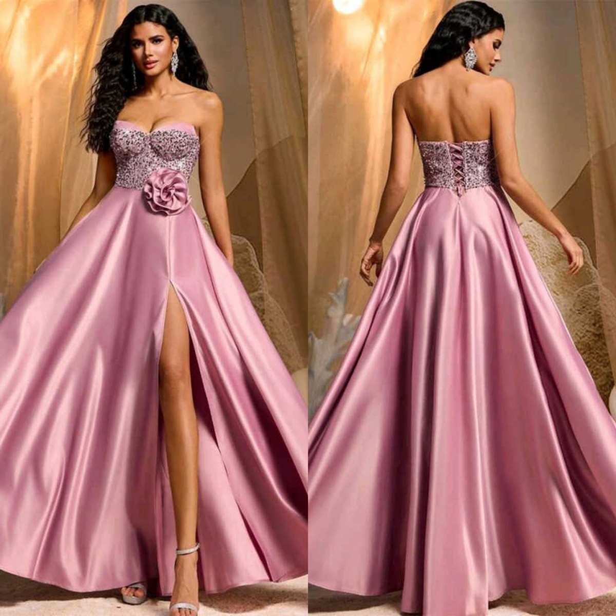 Luxury Satin Evening Dress Strapless Sleeveless Delicate Flowers Crystal Prom Dresses Special Occasion Gowns Customized