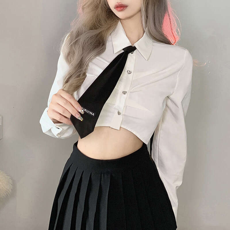 2022 Autumn New Women's Solid Color Slim Fit Turn-Down Collar Fashion Tie Crop Long Sleeve T-Shirt d21