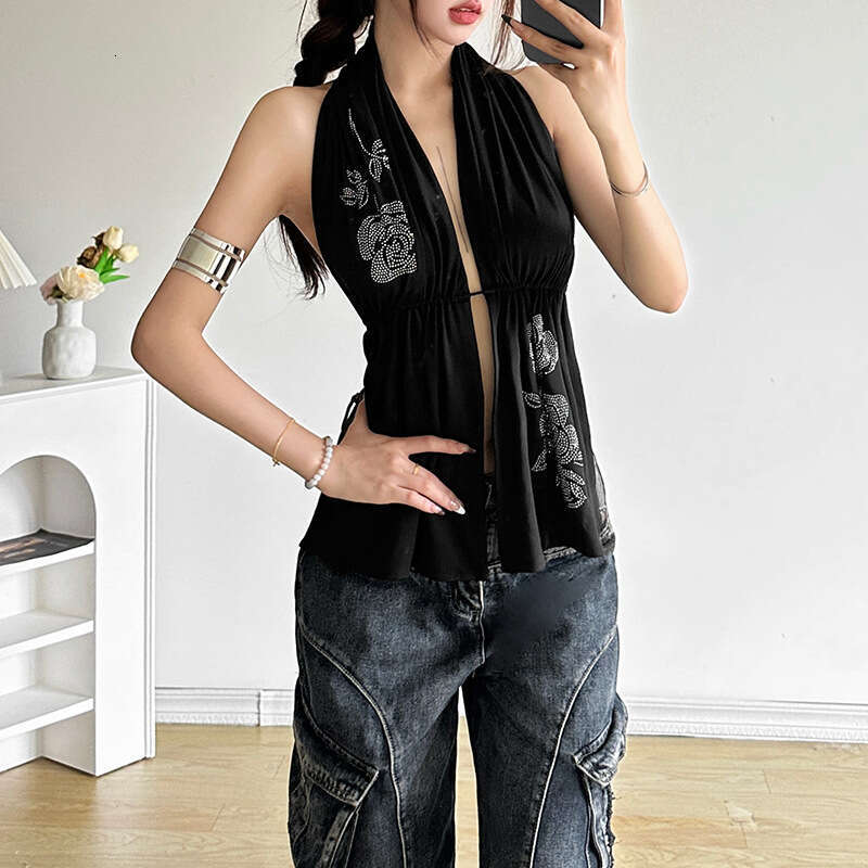 2024 Summer New Women's Solid Color Slim Fit Street Fashion Halter Sexy Backless Tank Top 017
