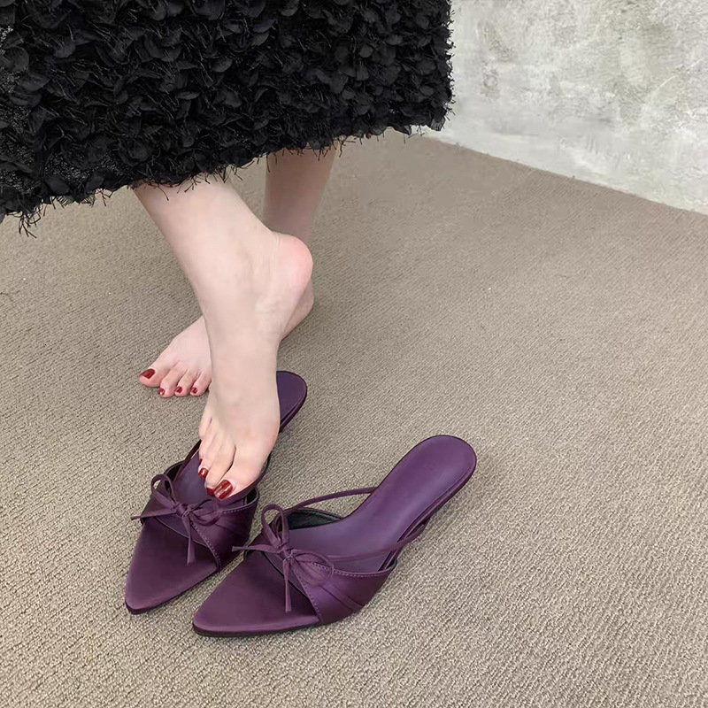 Ddmysports Summer New Satin Pointed Peep High Heels Stiletto Sexy Open Toe Sandals Half Slippers Outdoor Shoes