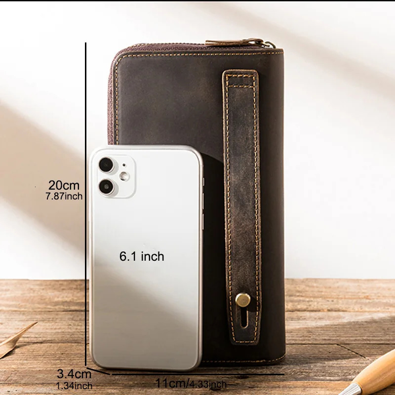 Handmade Retro Crazy Horse Leather Long Wallet Mens First Layer Cowhide Zipper Multi Card Versatile Mobile Phone Bag 250723