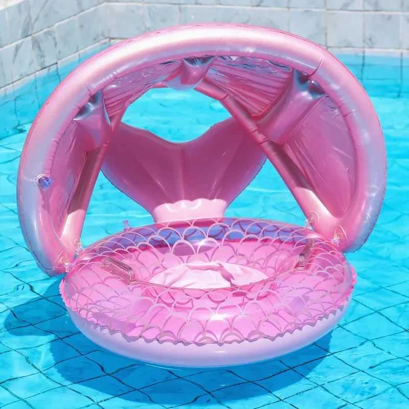 Baby Swimming Circle with Mermaid Tail Outdoor Sunshade with Canopy Inflatable Float Ring Summer Pool Water Toys Equipment M250725