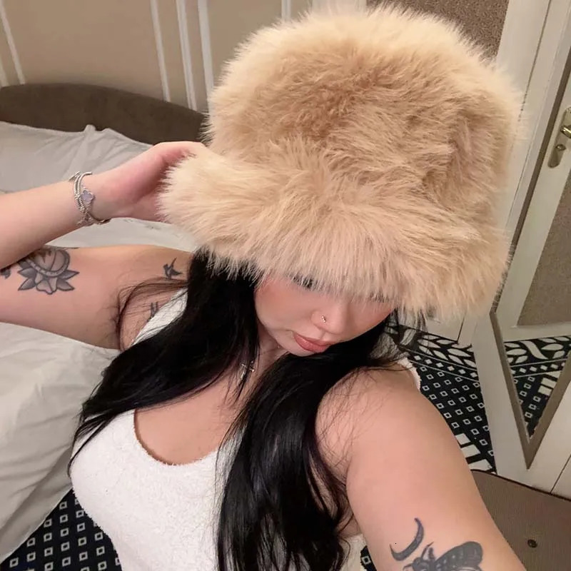 Fluffy Faux Fur Bucket Hats Women Rabbit Fur Warm Thick Plush Winter Hat Lady Fashion Panama Furry Fisherman Cap Y2k 250724