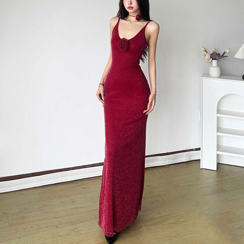 2024 Autumn New Women's Solid Color Slim High Waist Fashion U-Neck Strap Backless Dress 3c9
