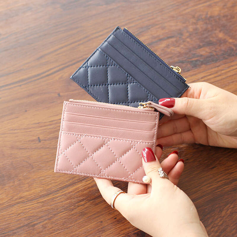 Soft Lambskin Short Wallet Small Chanel Style Quilted New Ultra-thin Genuine Leather Zipper Mini Coin Purse for Women