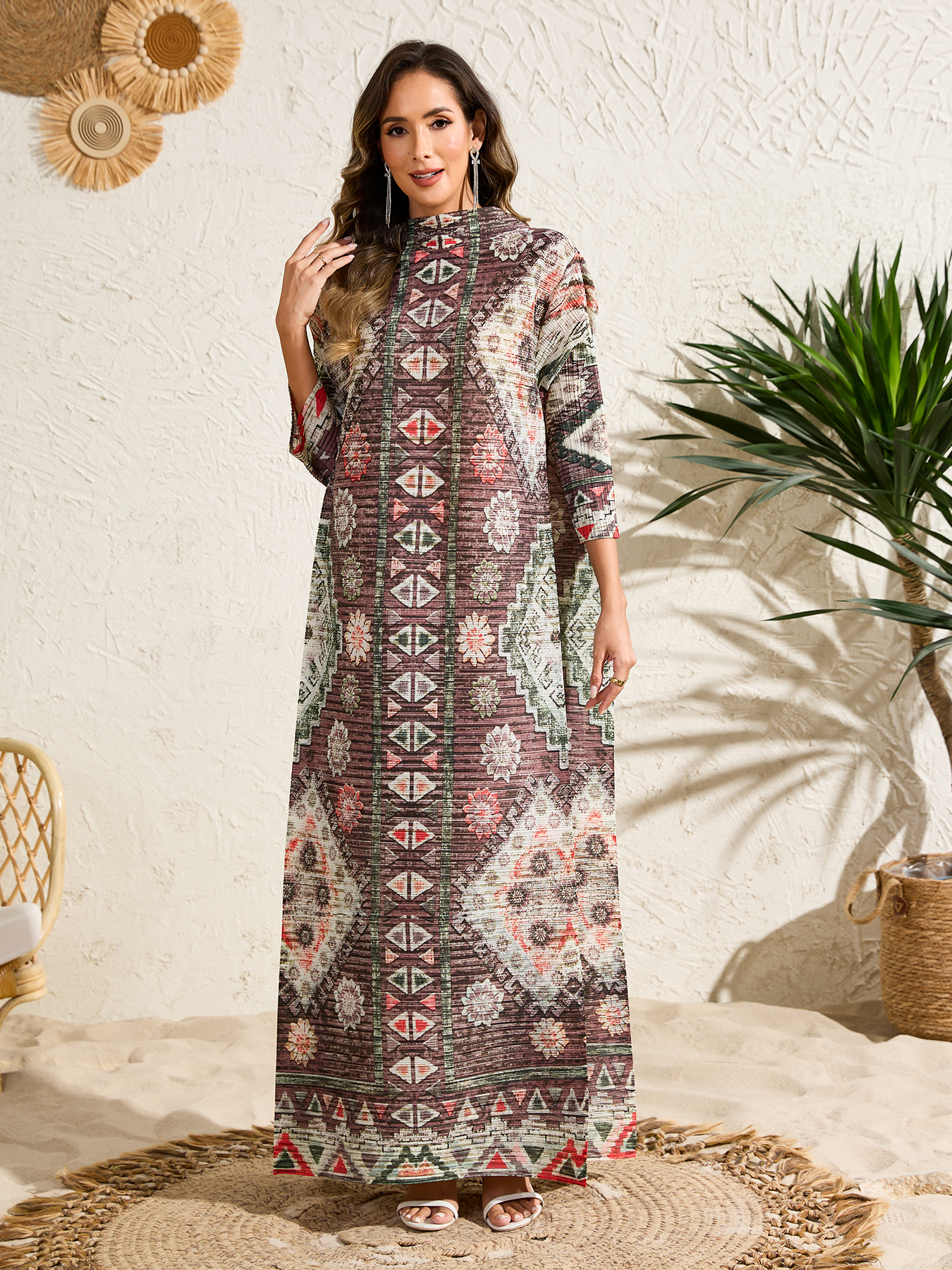 Ethnic Clothing Dress Arab Style Women's Loose-Fit Long-Sleeve Dress with Print NZ016
